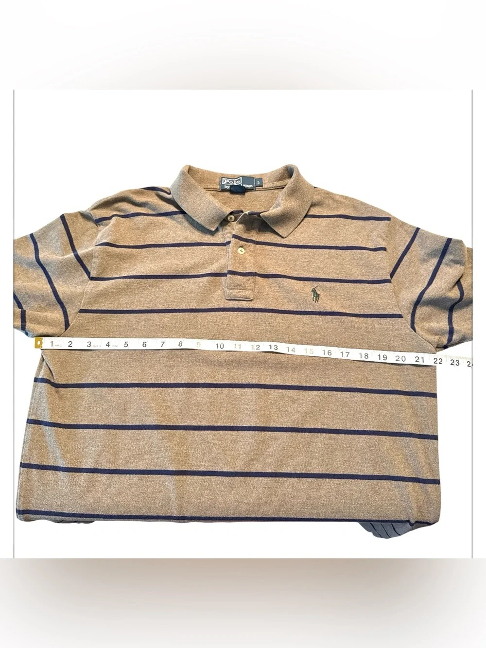 Polo by Ralph Lauren Shirt Mens Brown Navy Blue Striped Short Sleeve Polo Large